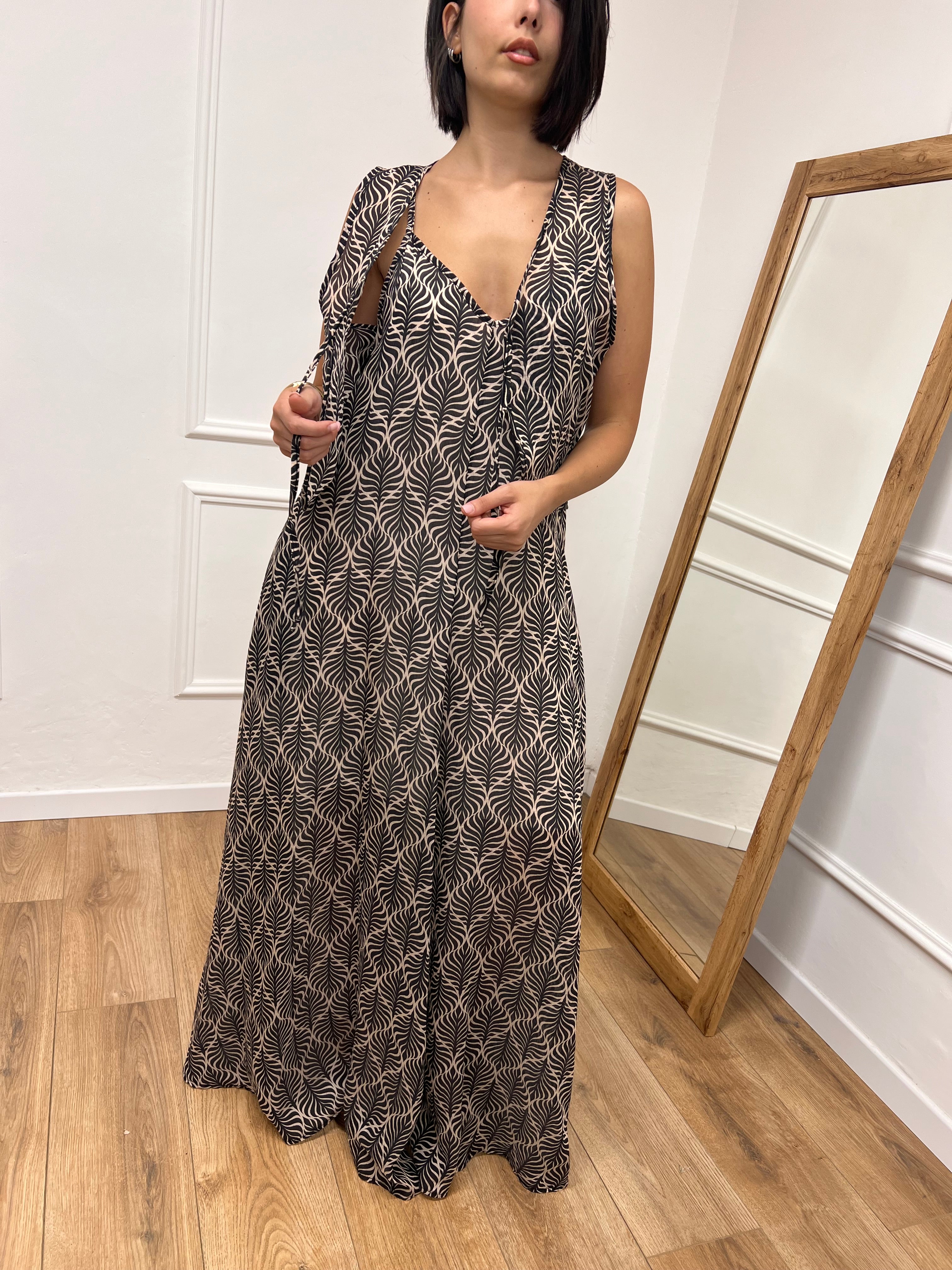 GILET CROP FIOCCO STAMPA FOGLIE NERO SUSY MIX