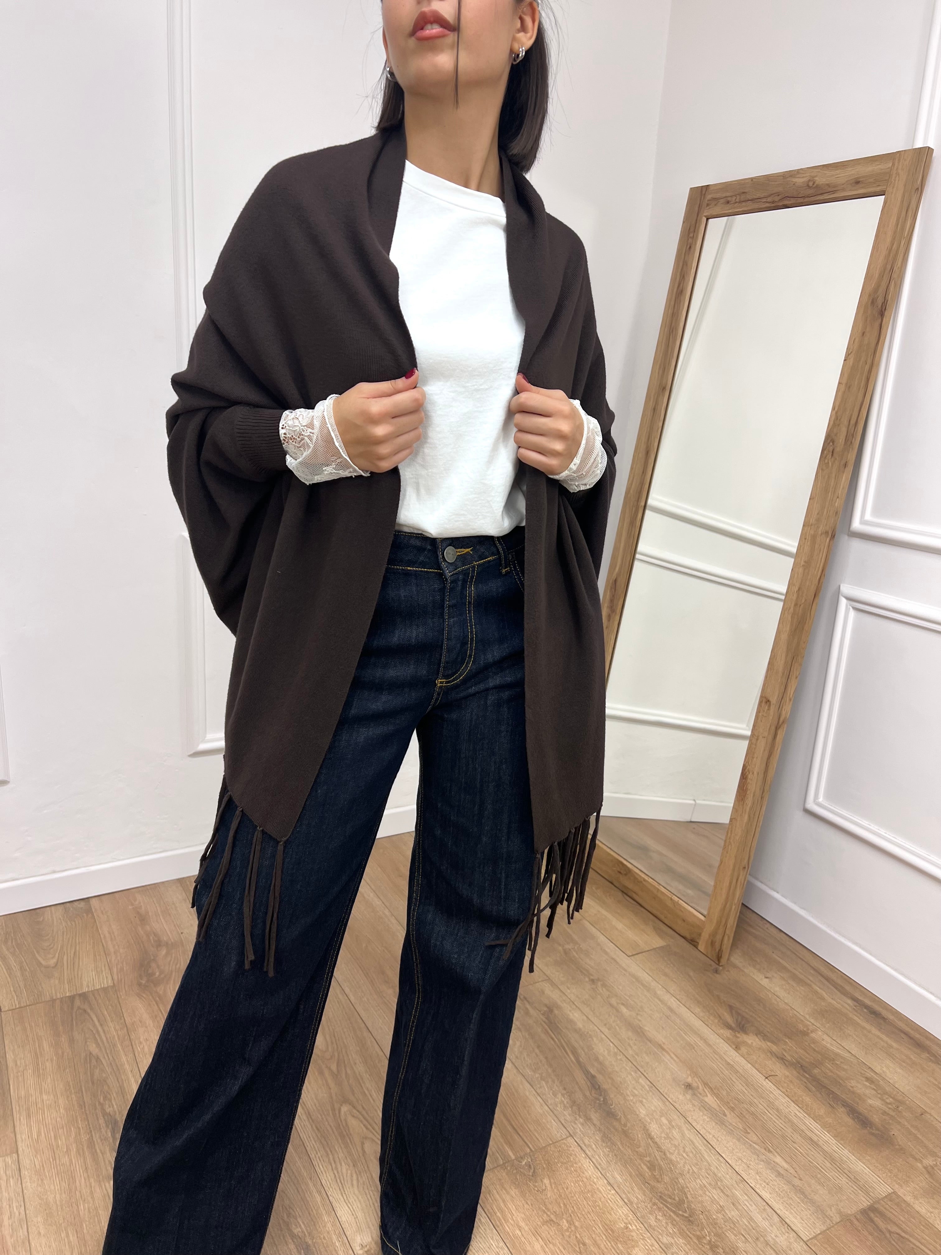 MANTELLA IN MAGLIA SPERTA CON FRANGE MORO SUSY MIX