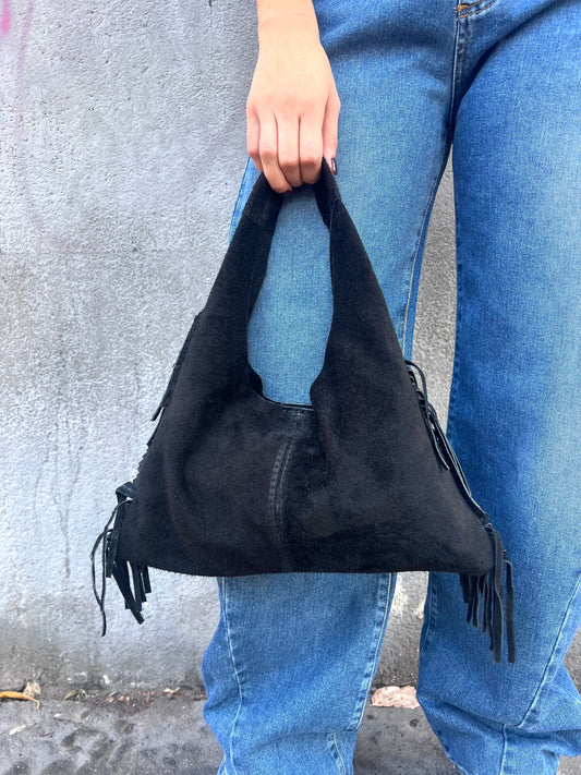BORSA MINI SAC PELLE SUEDE CON FRANGE DEVA NERO