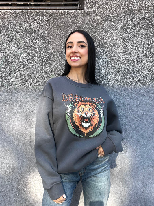 SUSY MIX FELPA GIROCOLLO STAMPA “LION” PIOMBO