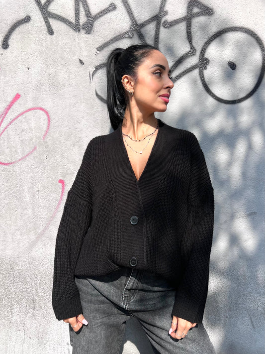 SUSY MIX CARDIGAN SCOLLO V BOTTONI YARI NERO