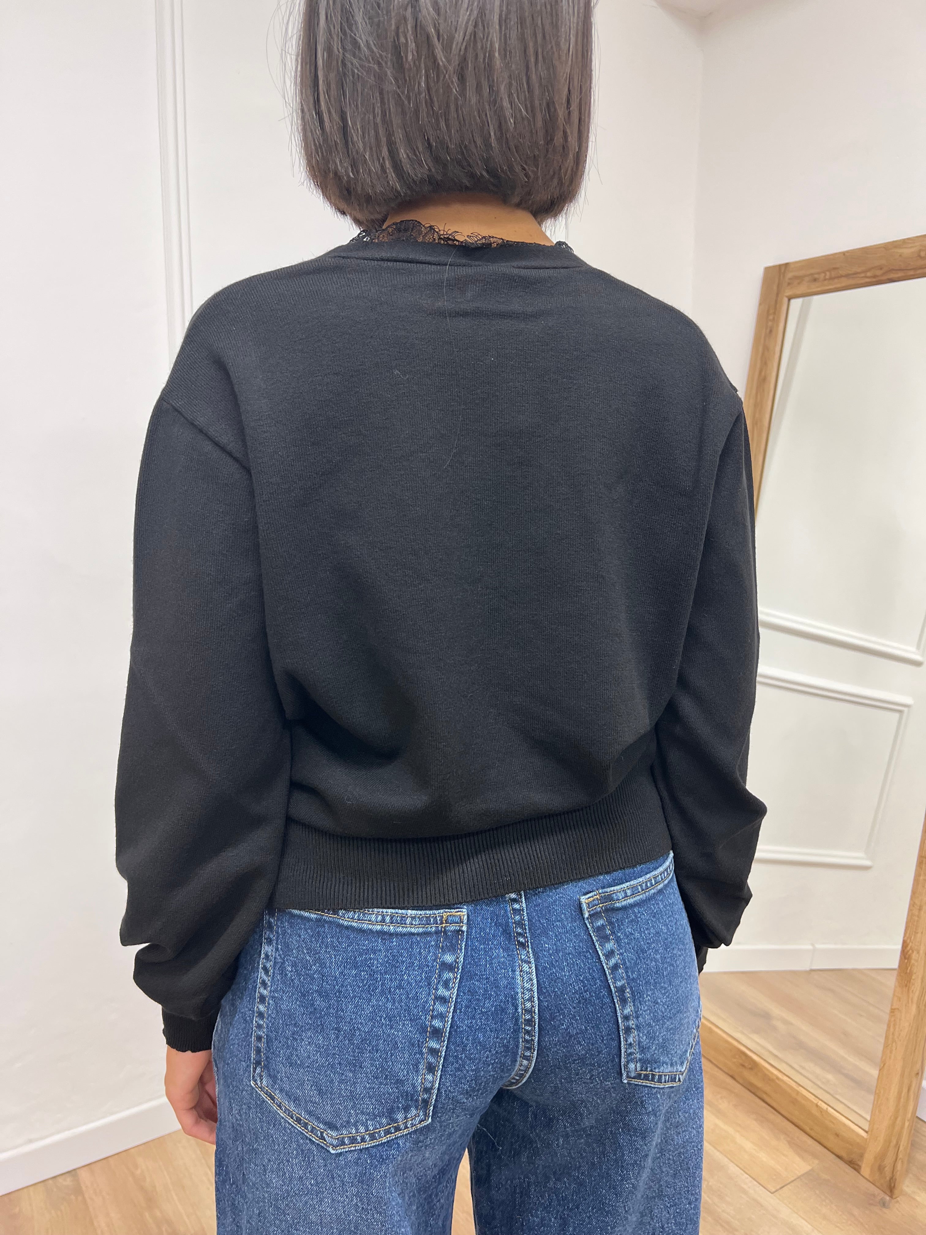 CARDIGAN SCOLLO V PROFILO PIZZO IDA NERO SUSY MIX