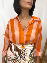 CAMICIA OVER MANICA 3/4 RIGATA ARANCIO ROSA