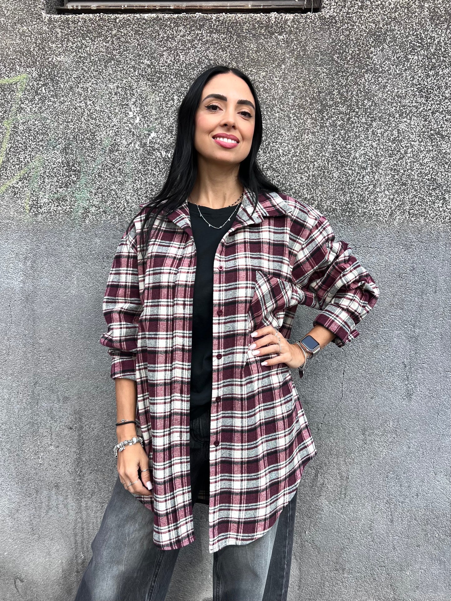 SUSY MIX MAXI CAMICIA CHECK FLANELLA MAVI VINO
