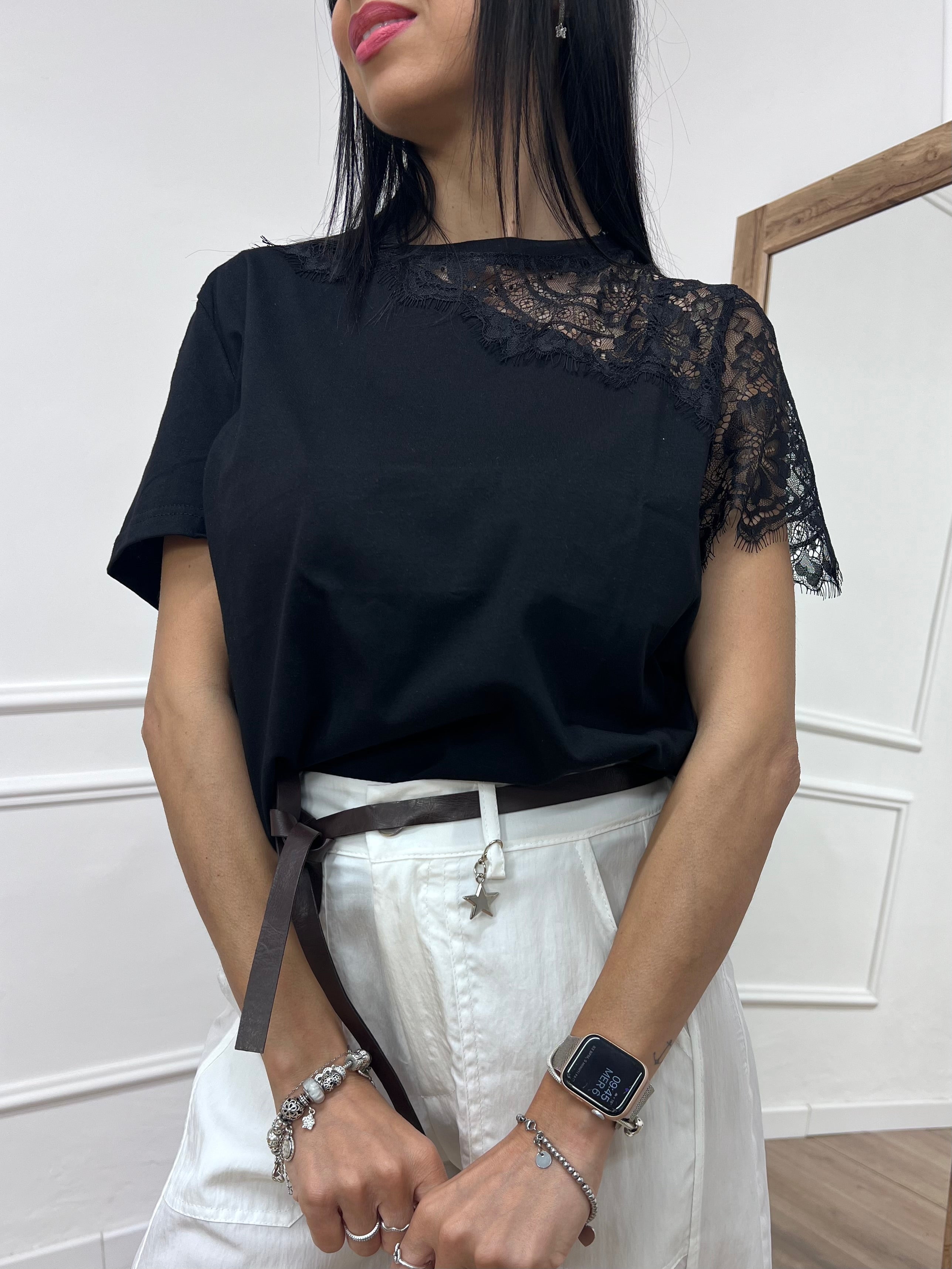 T-SHIRT M/C INSERTO PIZZO ROSITA NERO SUSY MIX
