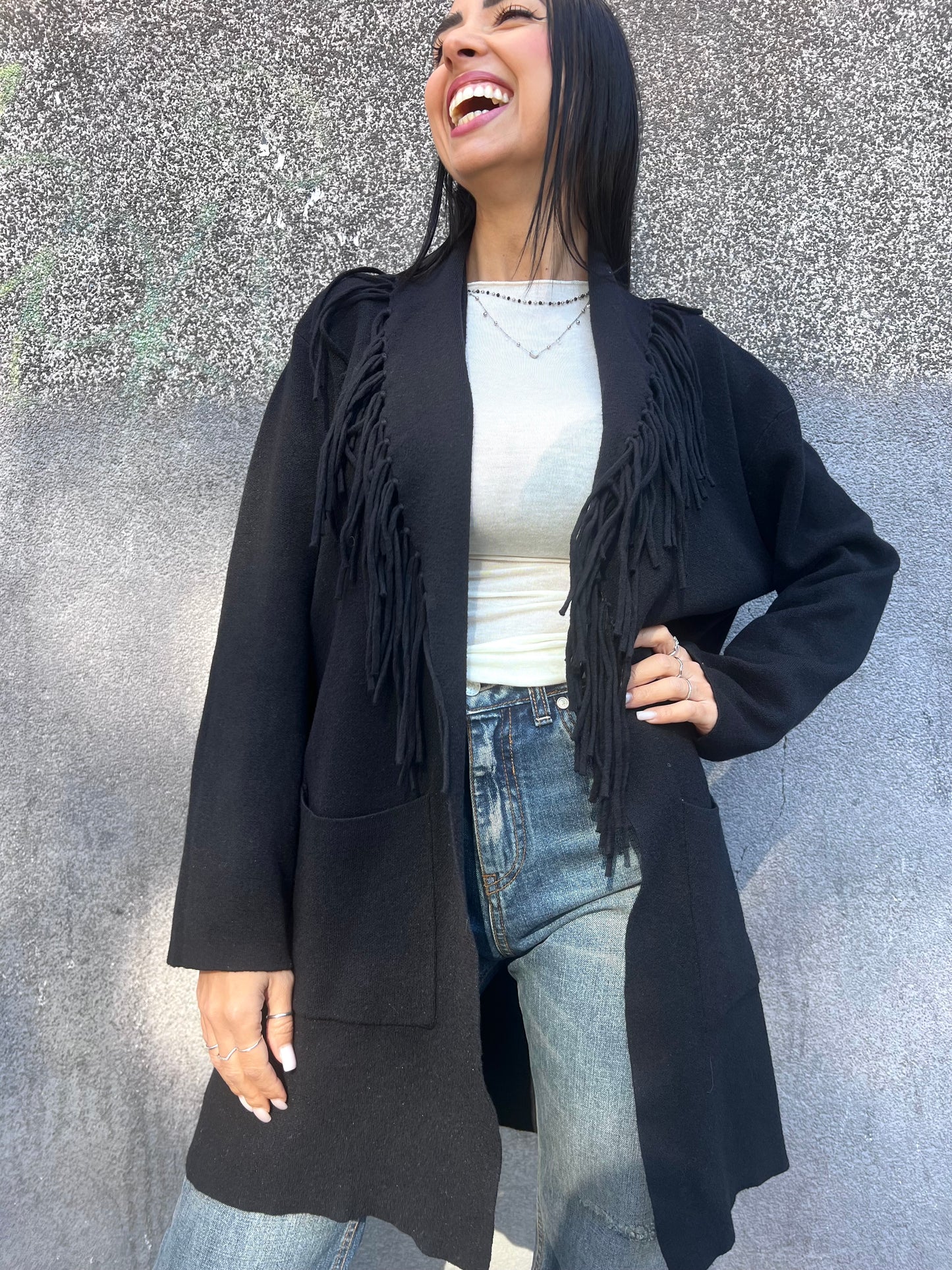 SUSY MIX CARDIGAN FRANGE MANOLA NERO