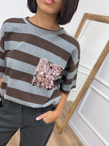 MAGLIA GIRO RIGHE TASCA PAILLETTES GRIGIO ELE SUSY MIX