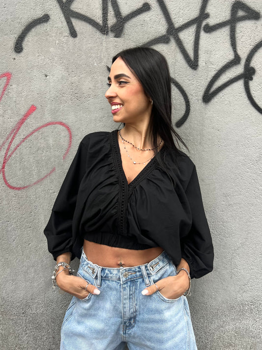 BLUSA CROP INCROCIO PASSAMANERIA NORA NERO
