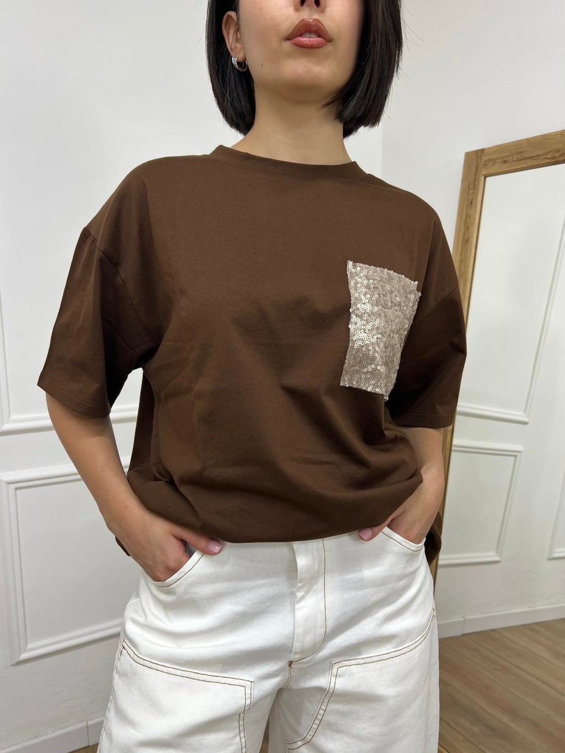 T-SHIRT M/C OVER TASCA MICRO PAILLETTES MORO SUSY MIX