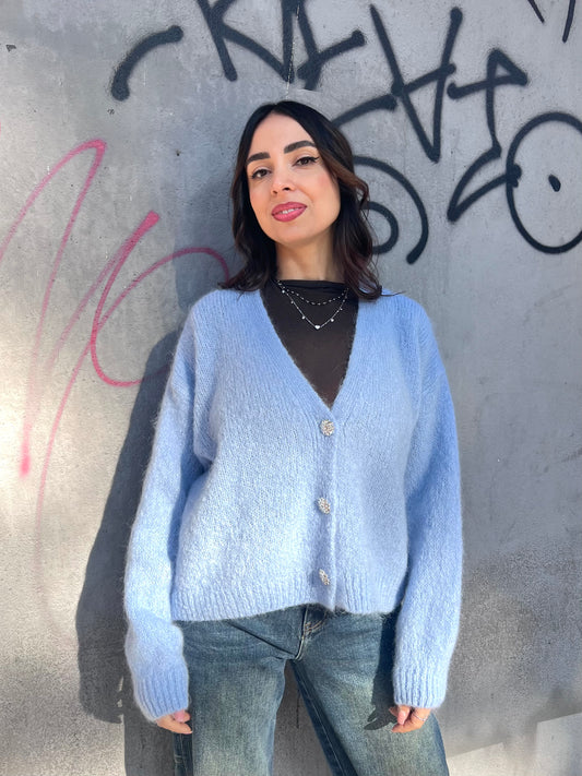 CARDIGAN MOHAIR BOTTONI GIOIELLO AMIRA CIELO