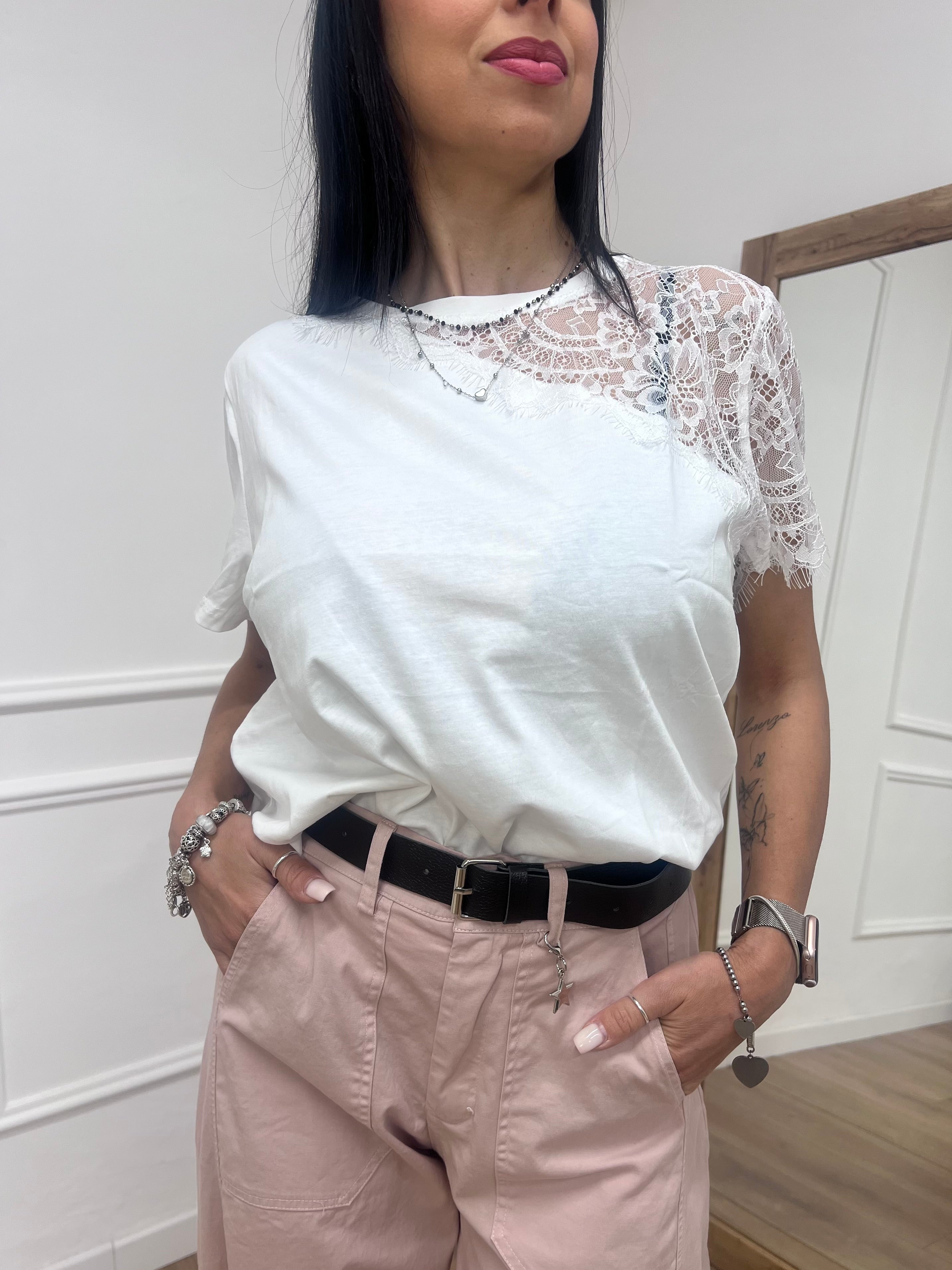 T-SHIRT M/C INSERTO PIZZO ROSITA BIANCO SUSY MIX