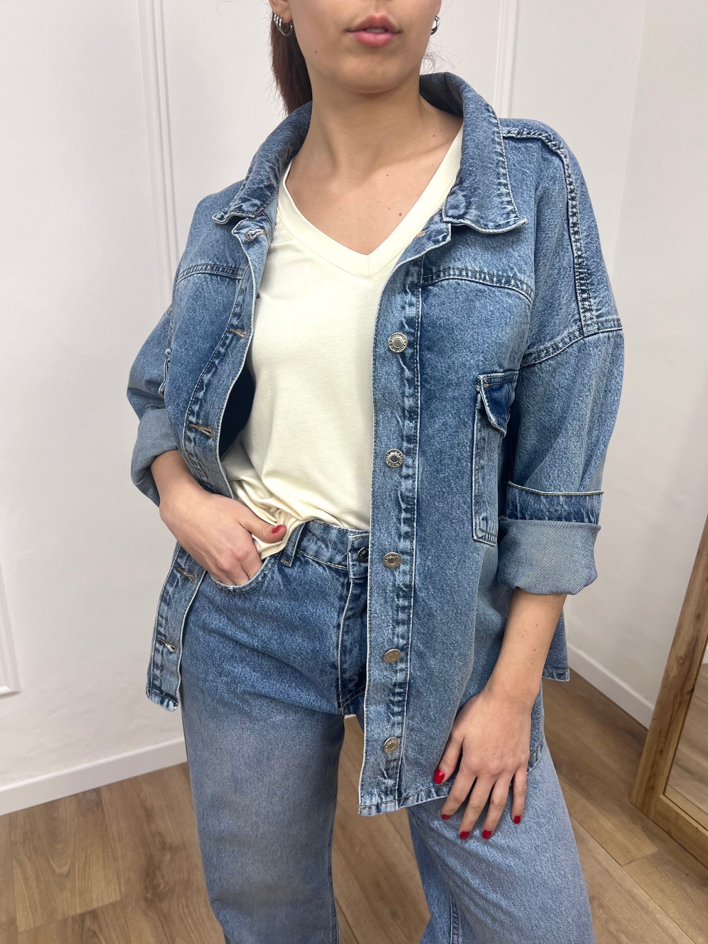 SUSY MIX GIACCA CAMICIA DENIM TASCHE ARIANNA LIGHT BLU