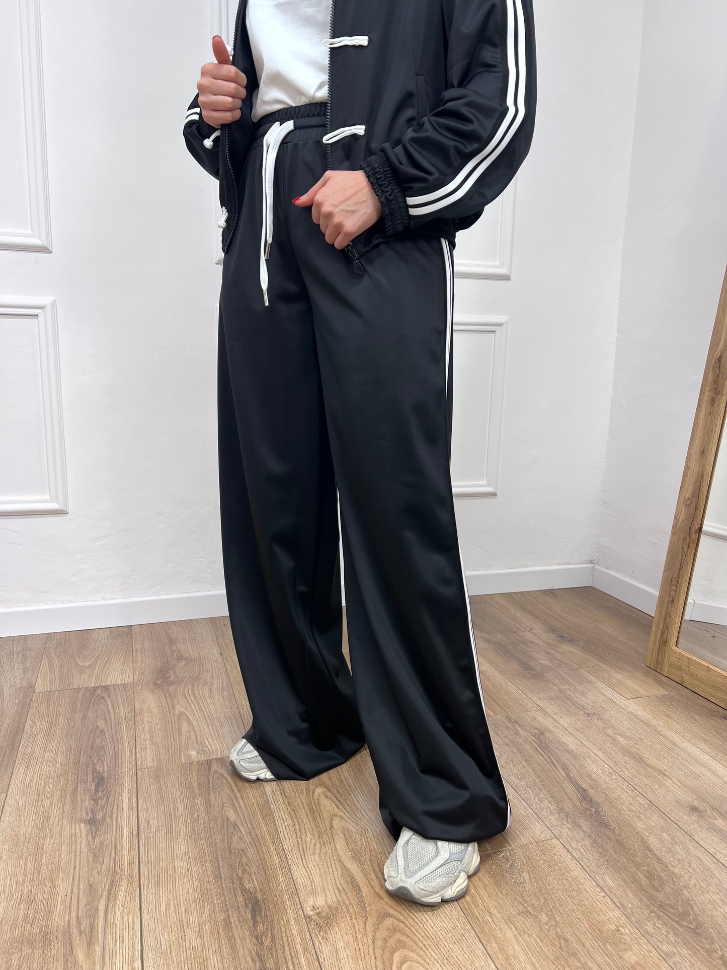 SUSY MIX PANTALONE PALAZZO ACETATO BANDE JOSY NERO