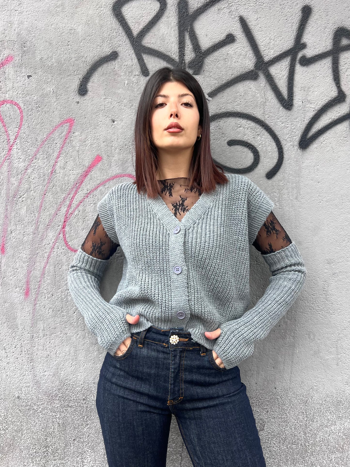 SUSY MIX GILET BOTTONI CON MANICOTTI BRIDGET GRIGIO